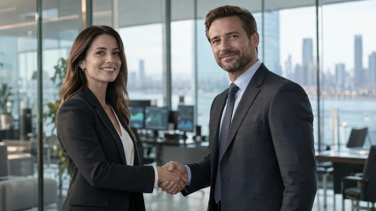 Two business professionals shaking hands in a modern glass office